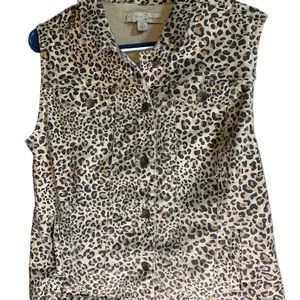 Eat 1948 Denim Size Medium Leopard Print Sleeveless Jean Jacket , 4 pockets